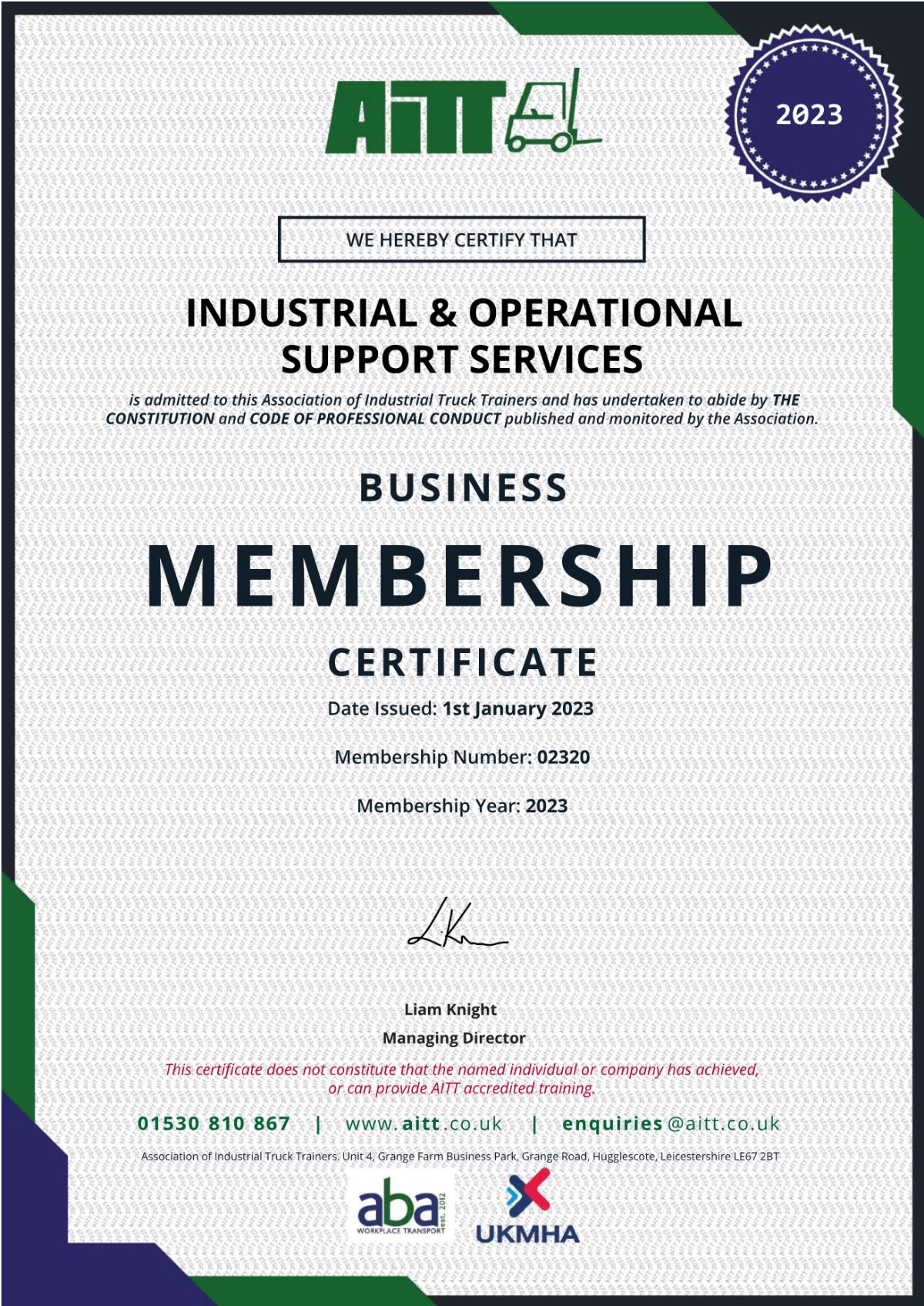 AITT business membership certificate issued to IOSS