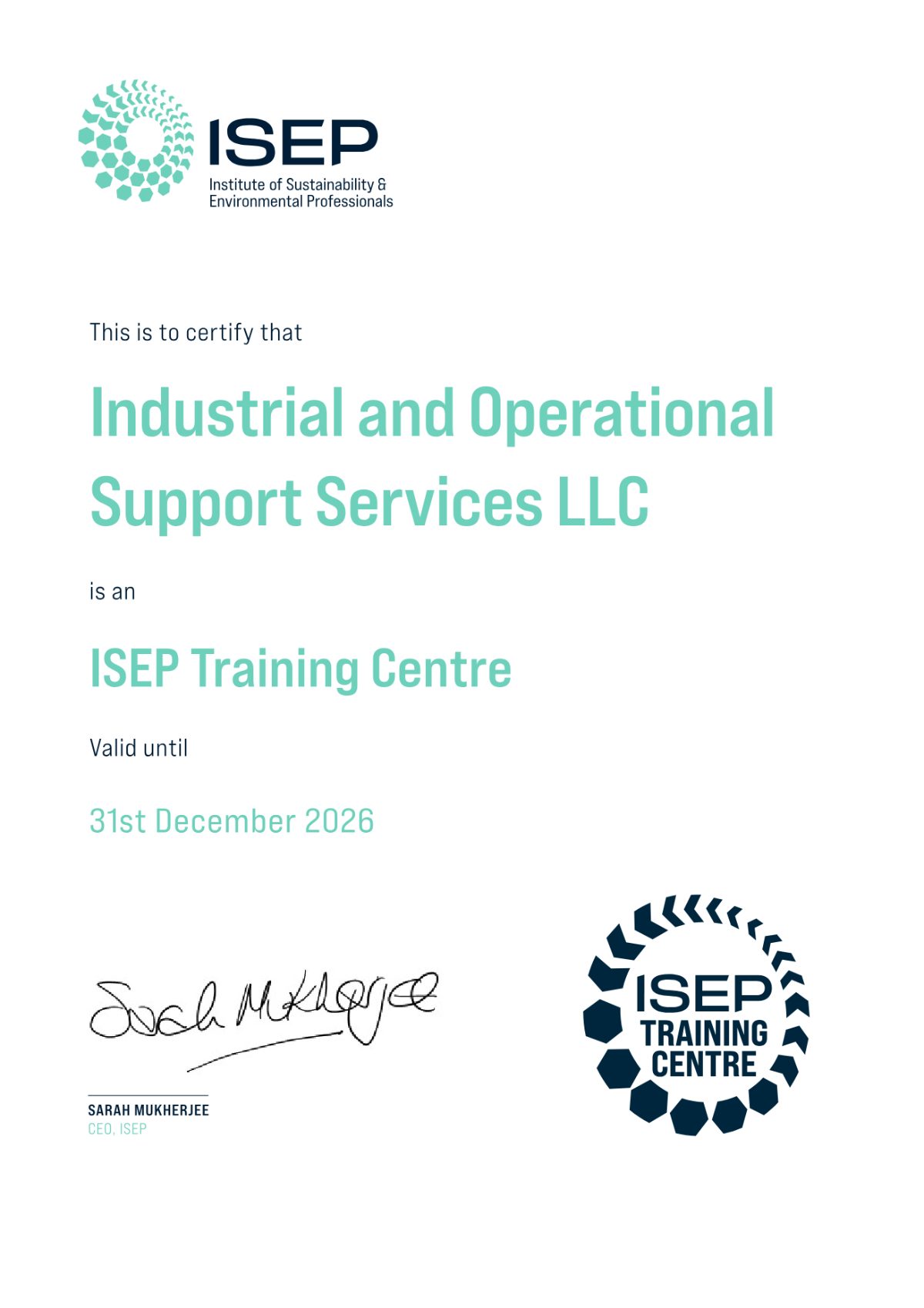 ISEP registered training centre certificate issued to IOSS