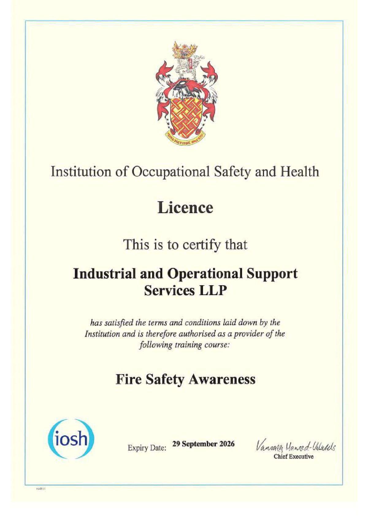 IOSH Fire Safety provider licence issued to IOSS