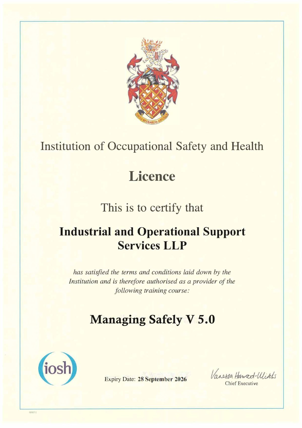 IOSH Managing Safely provider licence issued to IOSS