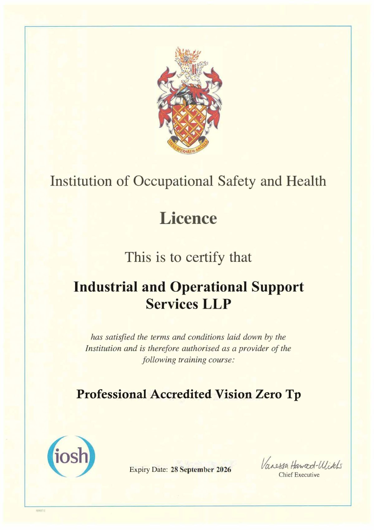 IOSH Vision Zero provider licence issued to IOSS