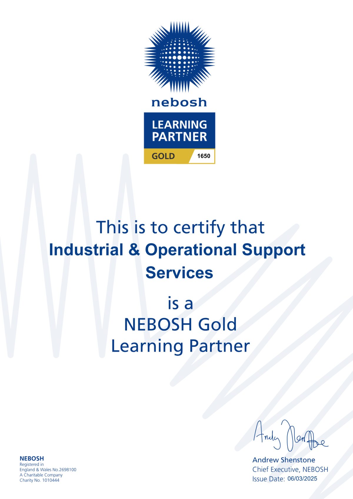NEBOSH Gold Learning Partner certificate issued to IOSS