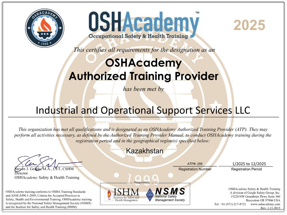 OSHAcademy Authorized Training Provider certificate issued to IOSS