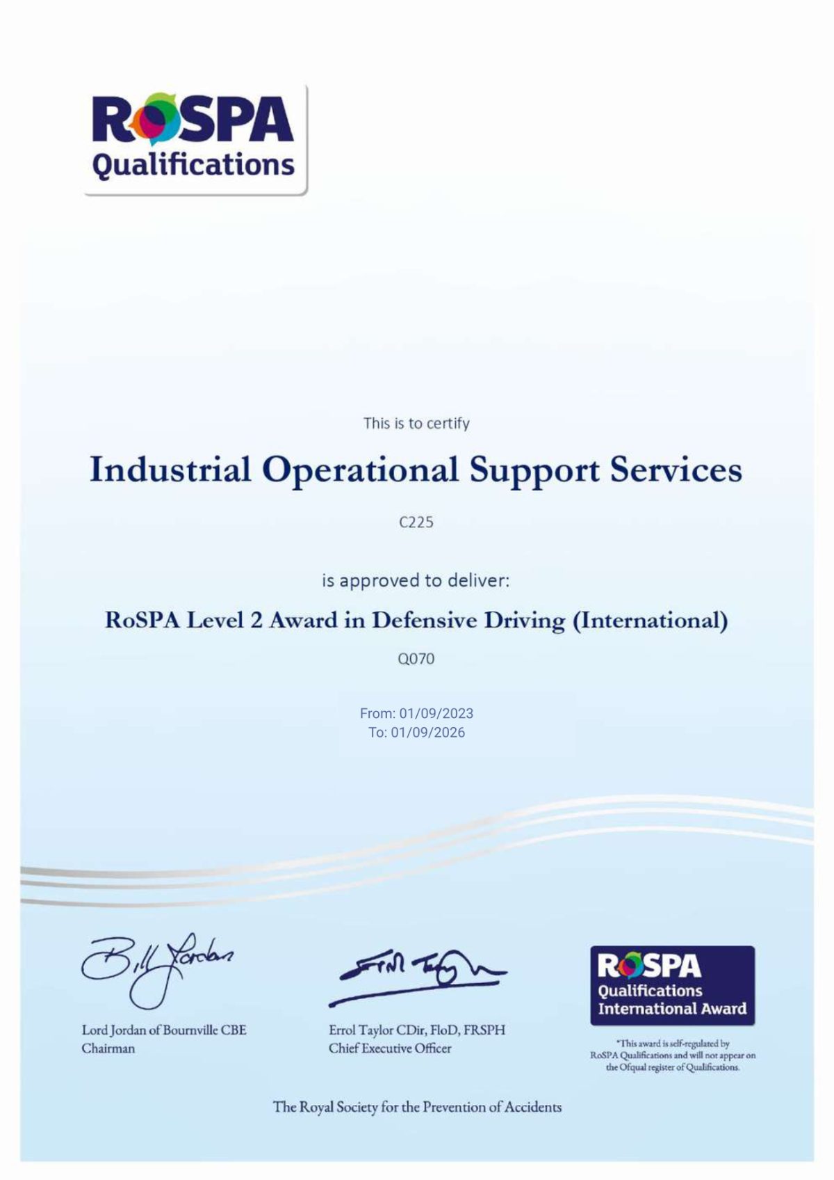 RoSPA approved centre certificate for Defensive Driving issued to IOSS